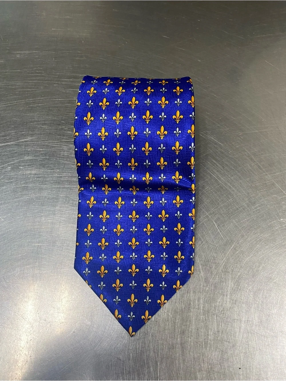 Men's Blue Tie with Gold Fleur-de-Lis Pattern